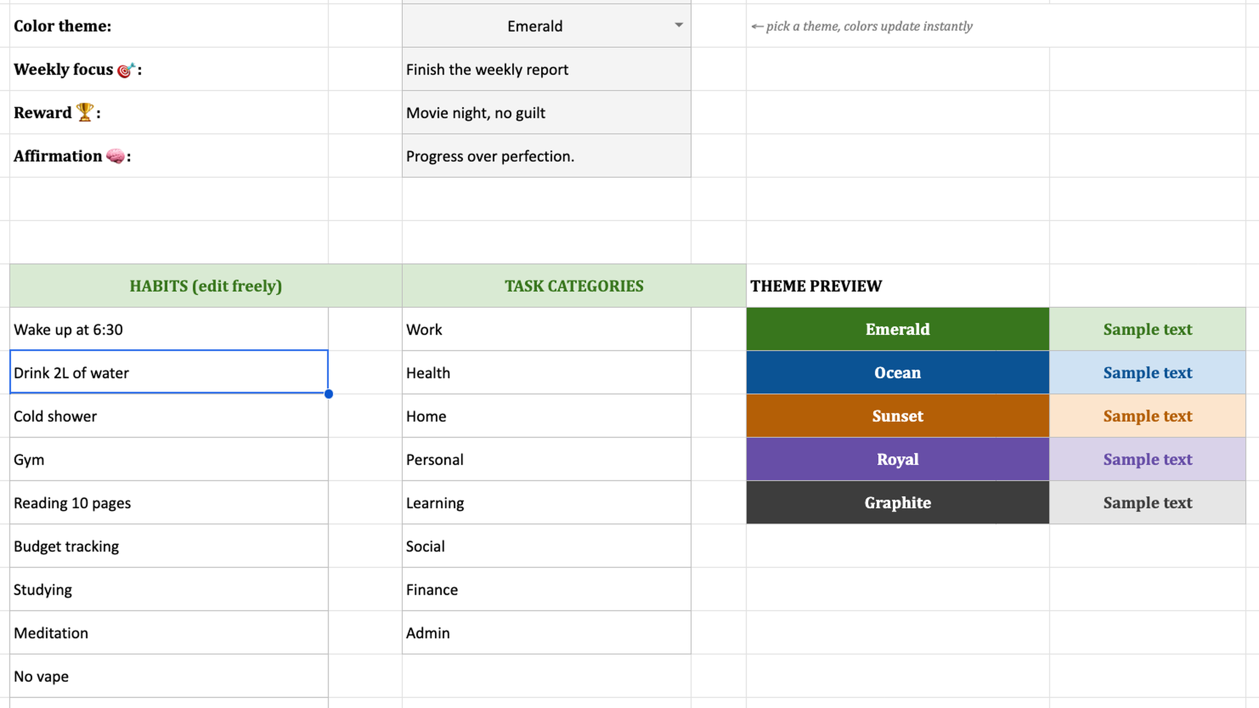 Setup sheet with theme picker